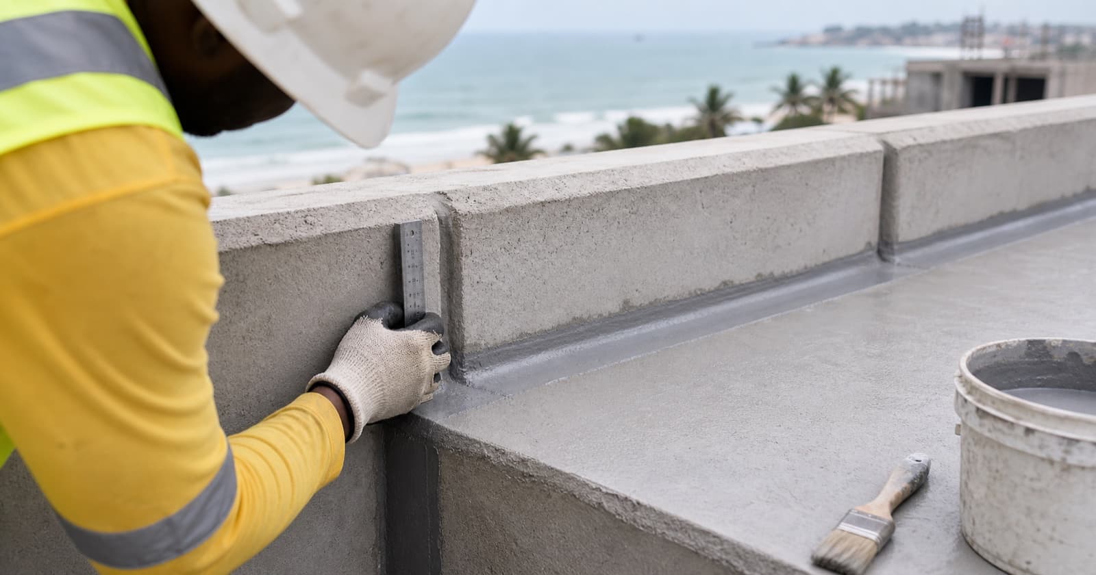 Construction professional inspecting a waterproofed concrete roof detail on a coastal West African building
