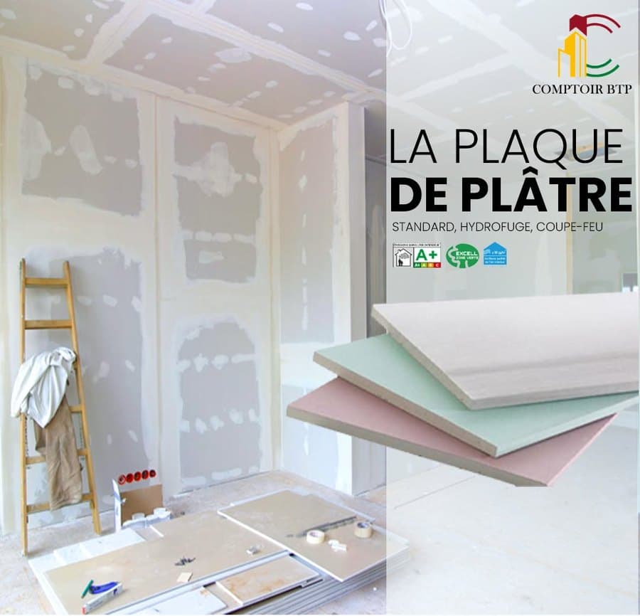 Plasterboard supplied to Comptoir BTP: standard, moisture-resistant and fire-rated boards